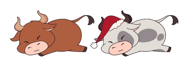 Premium Vector Set Of Two Funny Little Cow Wearing Christmas Hat