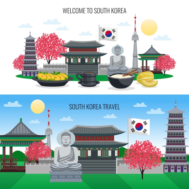 Set Of Two Horizontal South Korea Tourism Banners With Doodle Style Images Of Sightseeing Places