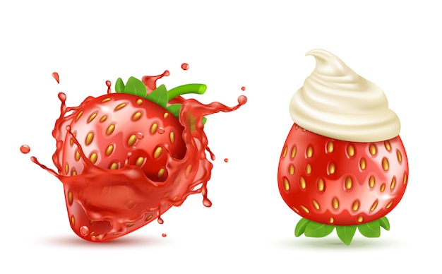Set of two red ripe strawberries with juicy splash and with whipped cream or icing, isolated Free Vector
