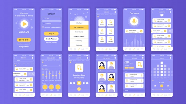 Premium Vector Set Of Ui Ux Gui Screens Music App Flat Template 