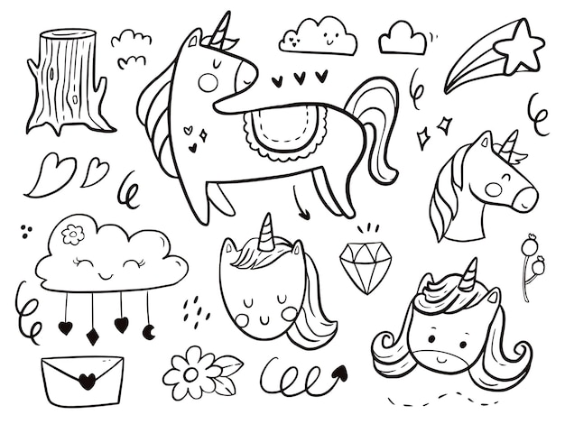 premium vector  set of unicorn doodle drawing cartoon for