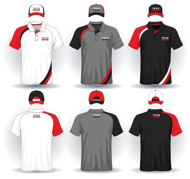 Premium Vector | Set of uniform template polo shirts and caps