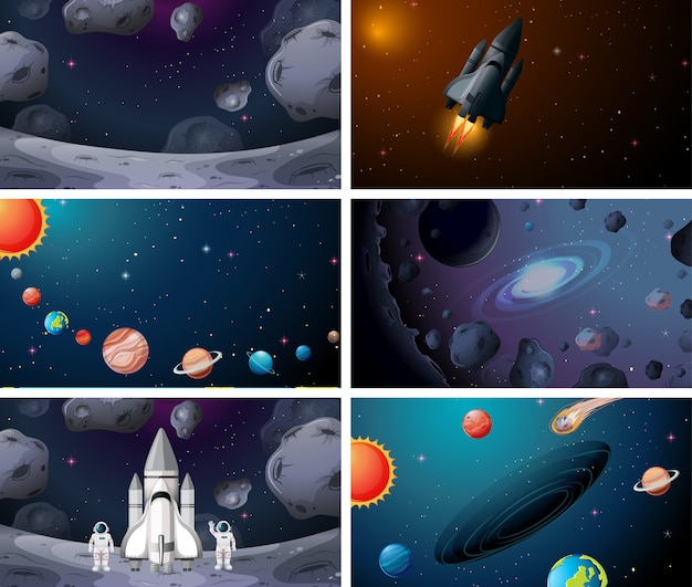 Set of various soloar system space scenes background Free Vector