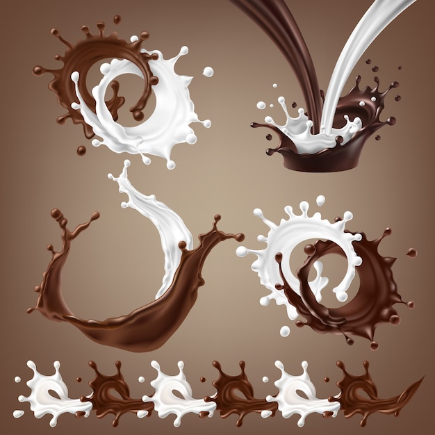 ベクトル3dイラスト 溶かしたダークチョコレート 熱いコーヒー 牛乳の流れを混ぜたものをセット 無料のベクター