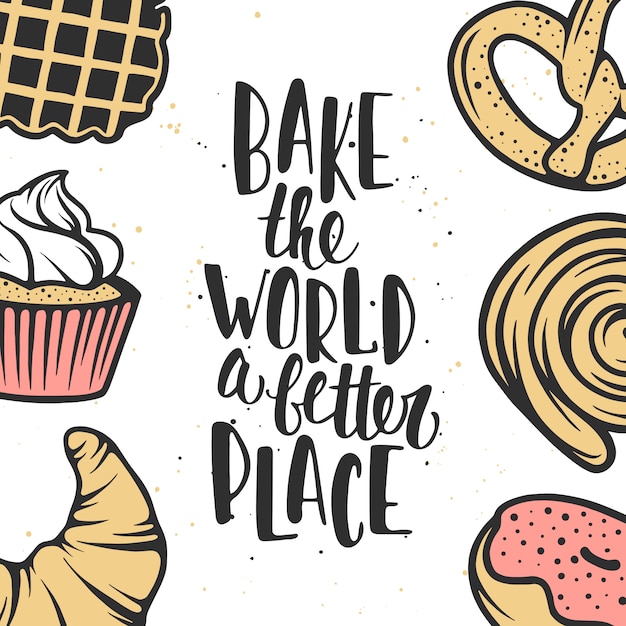 Set of vector bakery elements and lettering. Premium Vector