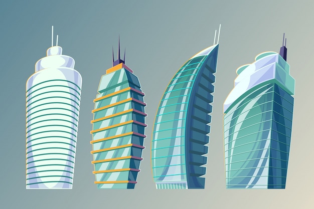 Set vector cartoon illustration of an abstract urban large modern buildings. Free Vector