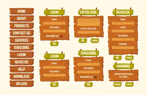 Set of vector cartoon illustrations wooden signs, gui design elements Free Vector