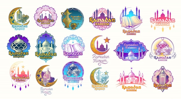 Set vector color illustrations, badges, emblems for ramadan kareem. Free Vector