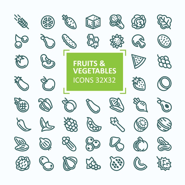 Set of vector icons of fruits and vegetables in the style of a thin line, editable stroke Free Vector