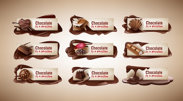 Set of vector illustrations, banners with chocolate sweets, chocolate bar, cocoa beans and melted chocolate Free Vector