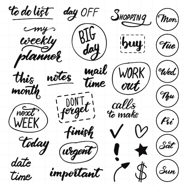 Premium Vector | Set of vector lettering for daily planning