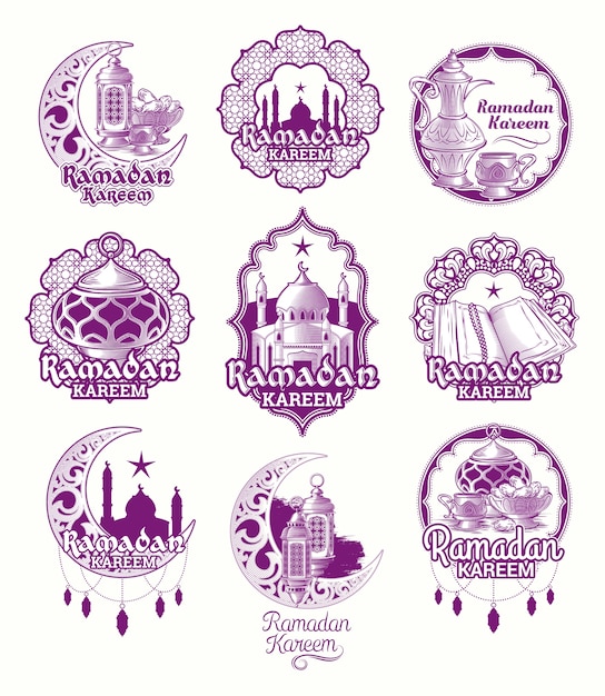 Set vector purple illustrations, sign for Ramadan Kareem with lantern, towers of mosque, crescent