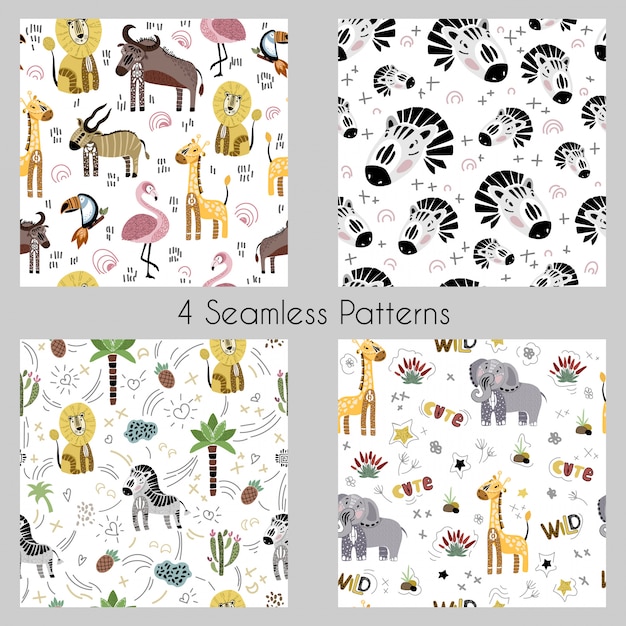 Set - vector seamless patterns with cartoon african animals, plants, birds Premium Vector
