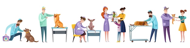 Set of vet doctors during pets examination and owners of domestic animal isolated flat Free Vector