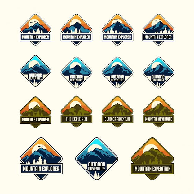 Premium Vector | Set of vintage classic nine mountain travel emblems badges