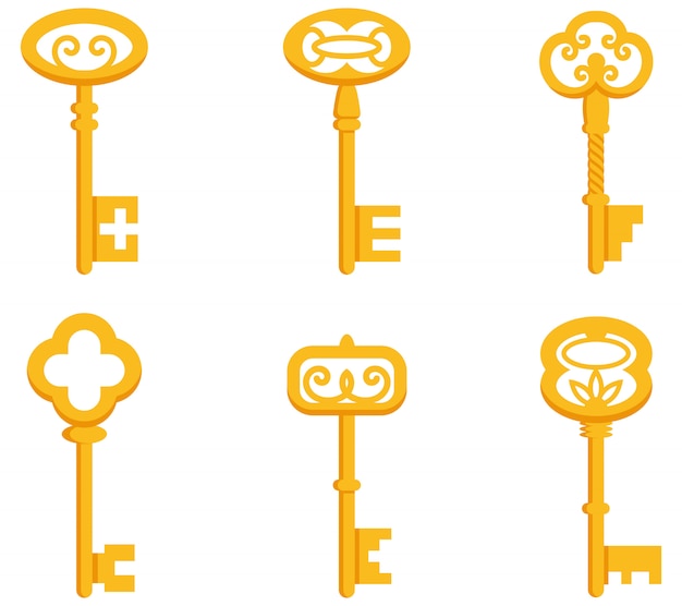 Premium Vector | Set of vintage keys. gold keys in cartoon style.