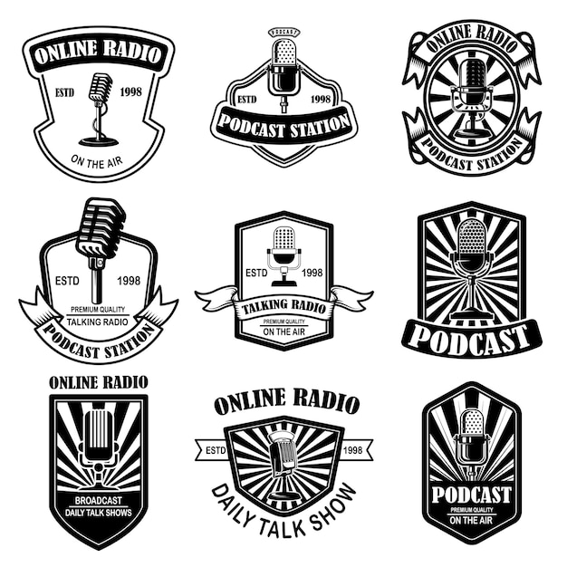 Premium Vector Set Of Vintage Podcast Radio Emblems With Microphone