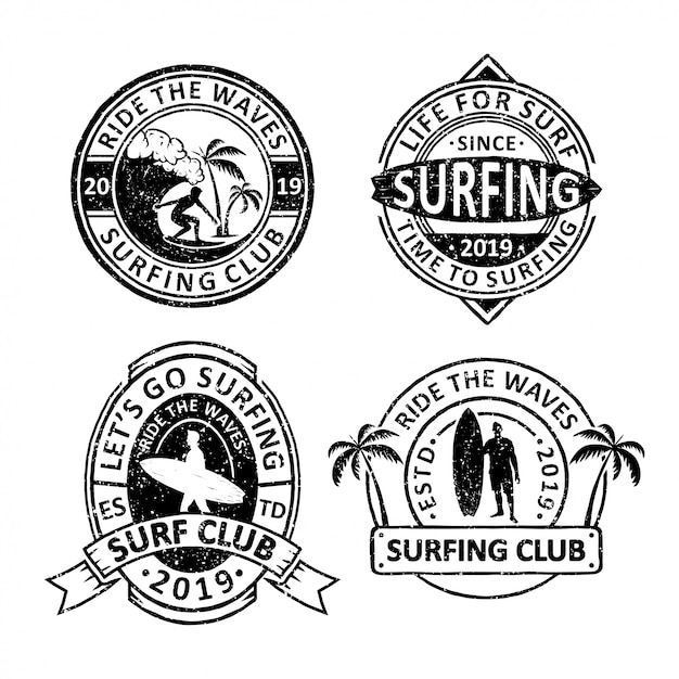 Set Of Vintage Surfing Club Badges Emblems And Logo Premium Vector