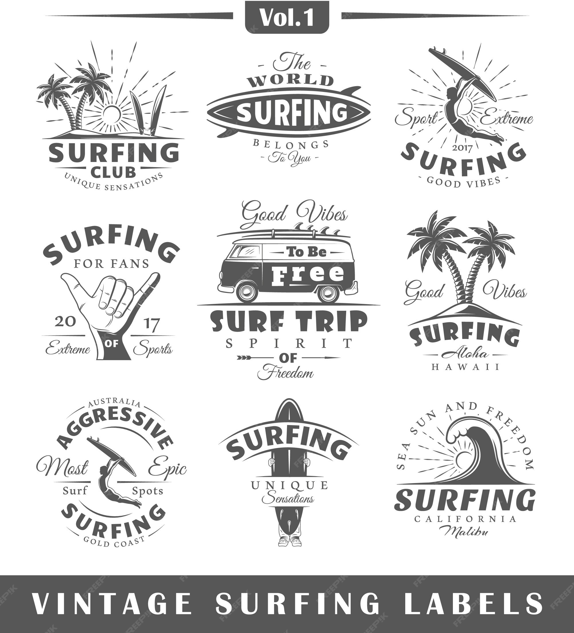 Premium Vector | Set of vintage surfing logos.