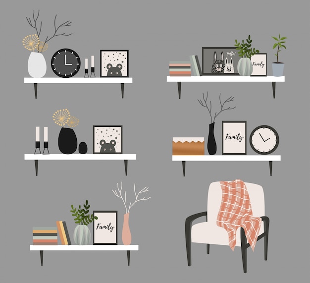 Set Of Wall Shelves For A Scandinavian Style Living Room