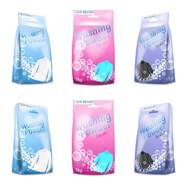 Set of washing powder in sachet, paper package for white ...
