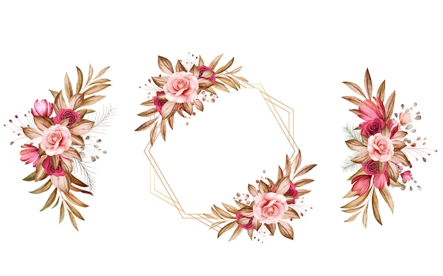 Premium Vector | Set Of Watercolor Floral Arrangements Of Brown And Burgundy And Brown Roses And Leaves.
