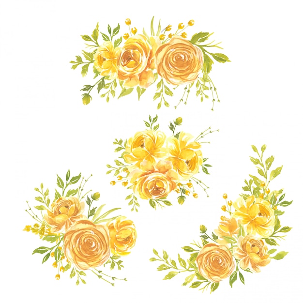 Download Set of watercolor flowers hand painted floral illustration bouquet of flowers yellow rose ...