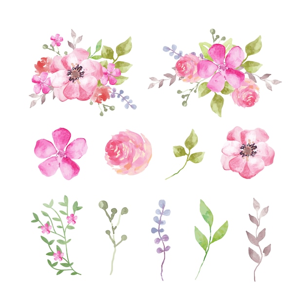 Free Vector | Set of watercolor flowers and leaves in pinkish tones