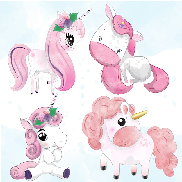 Download Set of watercolor unicorns | Premium Vector