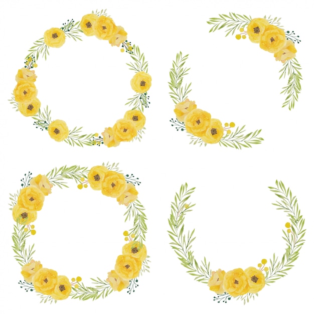 Download Set of watercolor yellow rose flower circle frame Vector ...