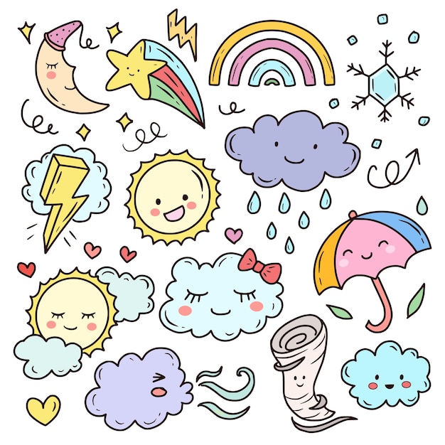 Download Premium Vector | Set of weather cute kawaii doodles