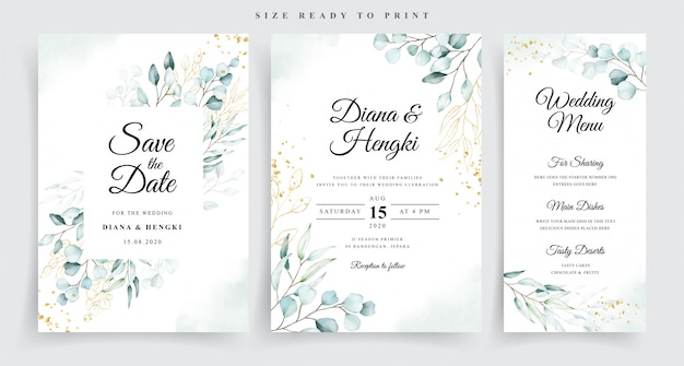  Set wedding card template with beautiful soft eucalyptus watercolor Premium Vector