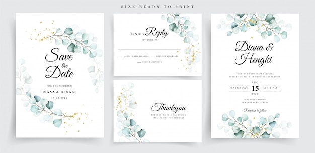  Set wedding card template with beautiful soft eucalyptus Premium Vector