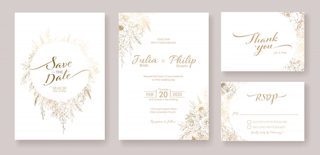 Set of wedding invitation card template. gold flower. Premium Vector
