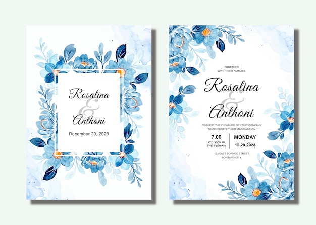 Premium Vector | Set wedding invitation card with blue floral watercolor