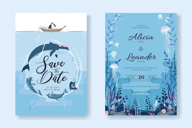 Set of wedding invitation cards, save the date template. sealife, under the sea image. Premium Vecto