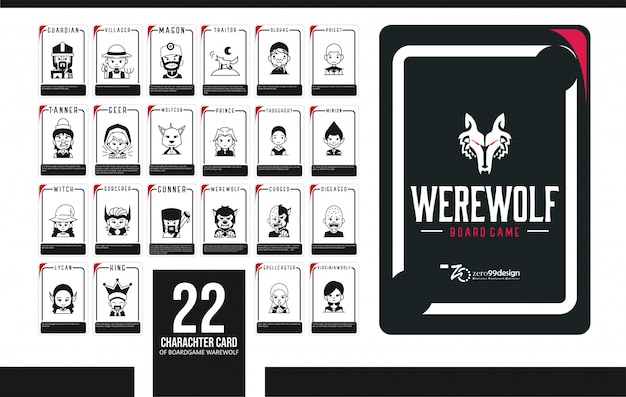 Set werewolf card 20 character for boardgame collection Premium Vector