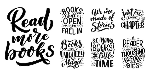 Download Set with abstract lettering about books and reading. handwritten letters. typography funny ...