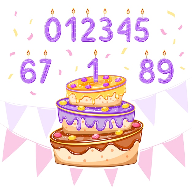 男の子の誕生日 ベビーシャワーカード バナー ポスターデザインの誕生日ケーキと年齢のキャンドルを設定します 図 プレミアムベクター