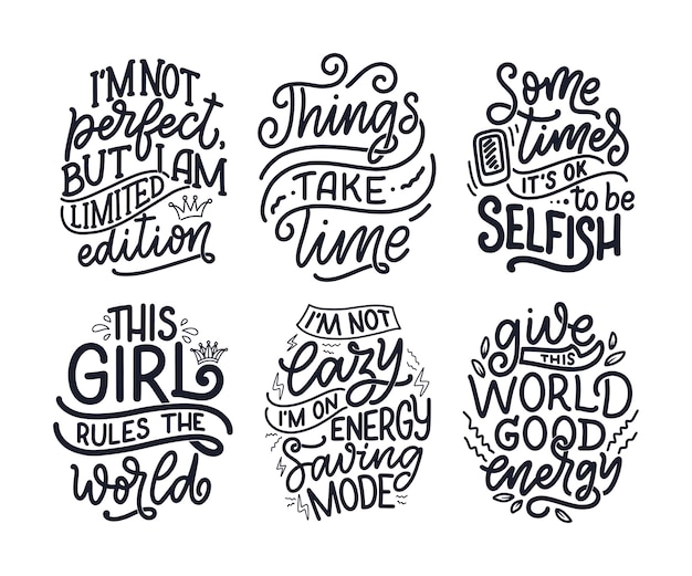 Premium Vector Set With Funny Hand Drawn Lettering Compositions Inspirational Feminism Slogans Girl Power Quotes