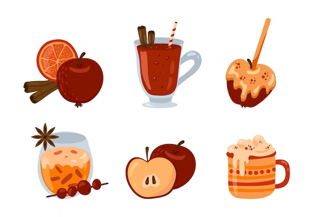 Premium Vector Set With Seasonal Autumn And Winter Drinks Desserts And Pastry Mulled Wine Hot Chocolate Apple In Caramel Spices Clip Art Set