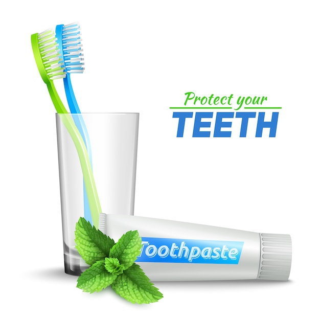 Set with toothbrushes in glass and mint toothpaste Free Vector