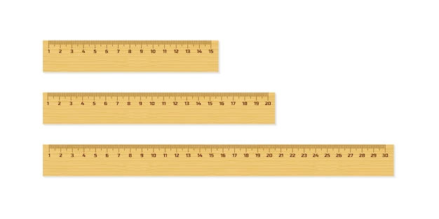 Set of wooden rulers 15, 20 and 30 centimeters with shadows isolated on white. measuring tool. schoo