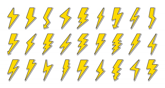 Premium Vector Set Of Yellow Lightning Bolt With Black Contour Symbol Energy And Thunder Electricity