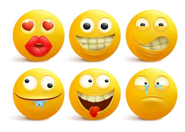 Set of yellow smiley face emoticon cartoon characters. Premium Vector