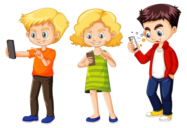 Set of young children using phone | Free Vector