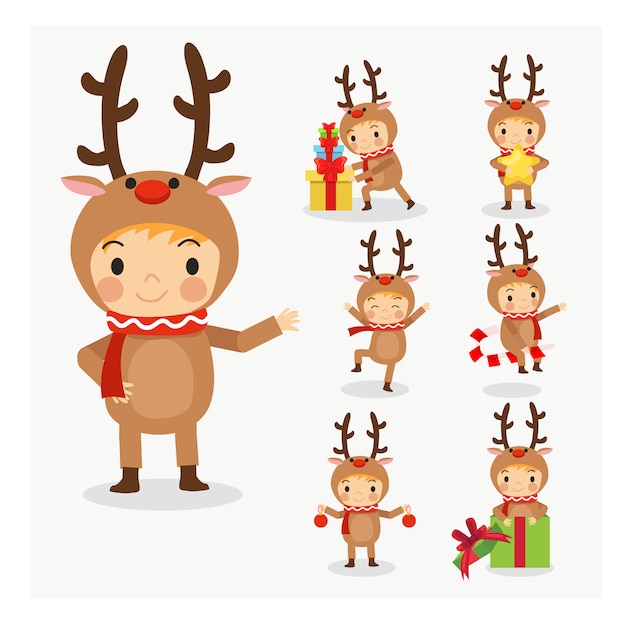 Premium Vector | Set of young cute little boy in reindeer christmas costume