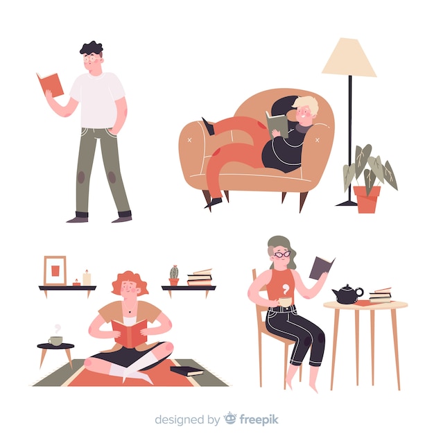 Free Vector | Set of young people reading