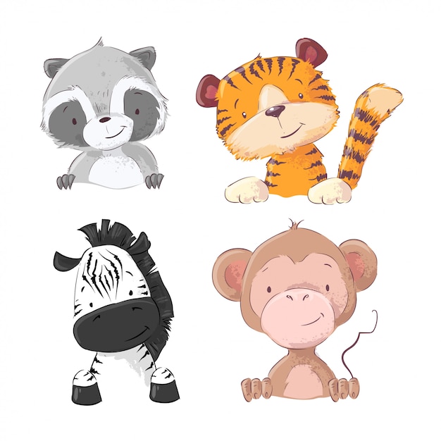 Set of zebra monkey tiger cub raccoon. cartoon style. vector Premium Vector