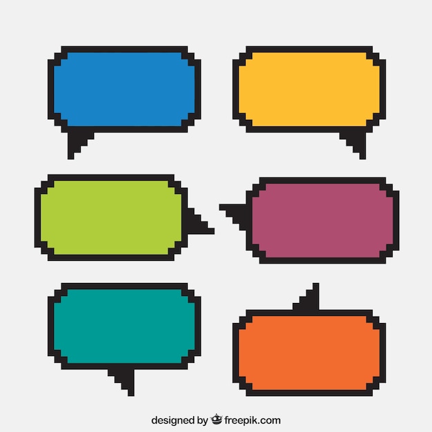 Several colored pixelated speech bubbles | Free Vector